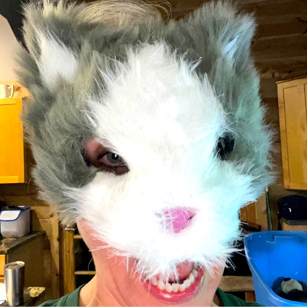 CAT FACE MASK GRAY WHITE FUR Adult or KID Halloween PINK nose open eyes costume